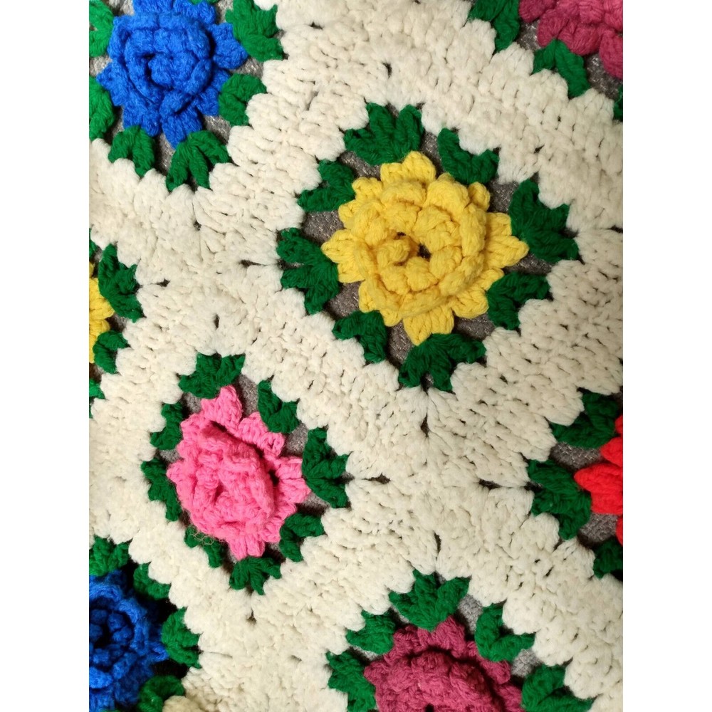 Crochet Vintage Granny Square Quilt Afghan 3D Rose Flowers Multicolor Blanket
